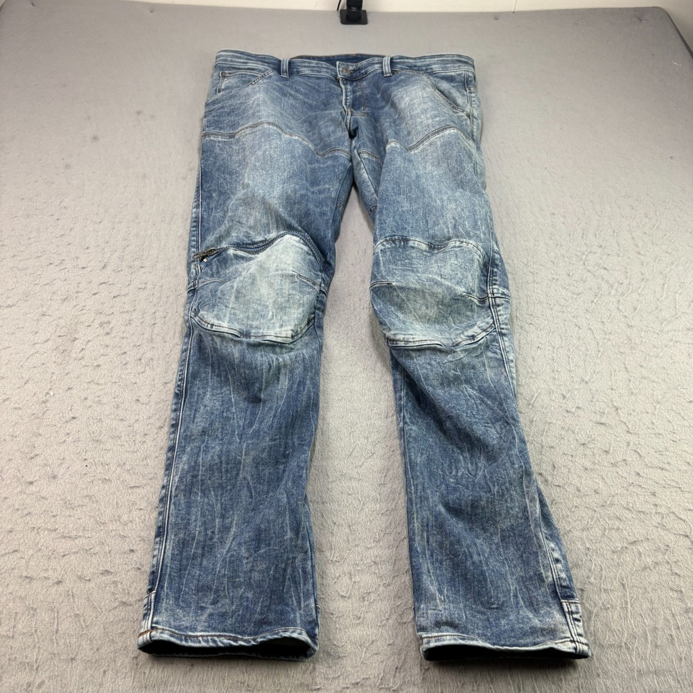G Star Raw Jeans Mens 35x32 Blue Skinny 3D Zip‎ Knee Acid Wash Hip Hop Stretch